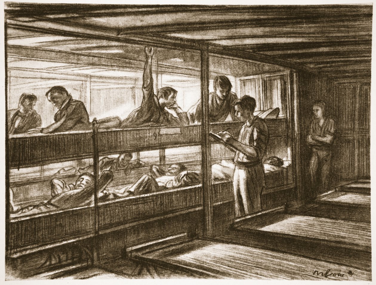 På et hospitalskip, illustrasjon fra «Vestfronten», utgitt av Country Life Ltd. av David Muirhead Bone
