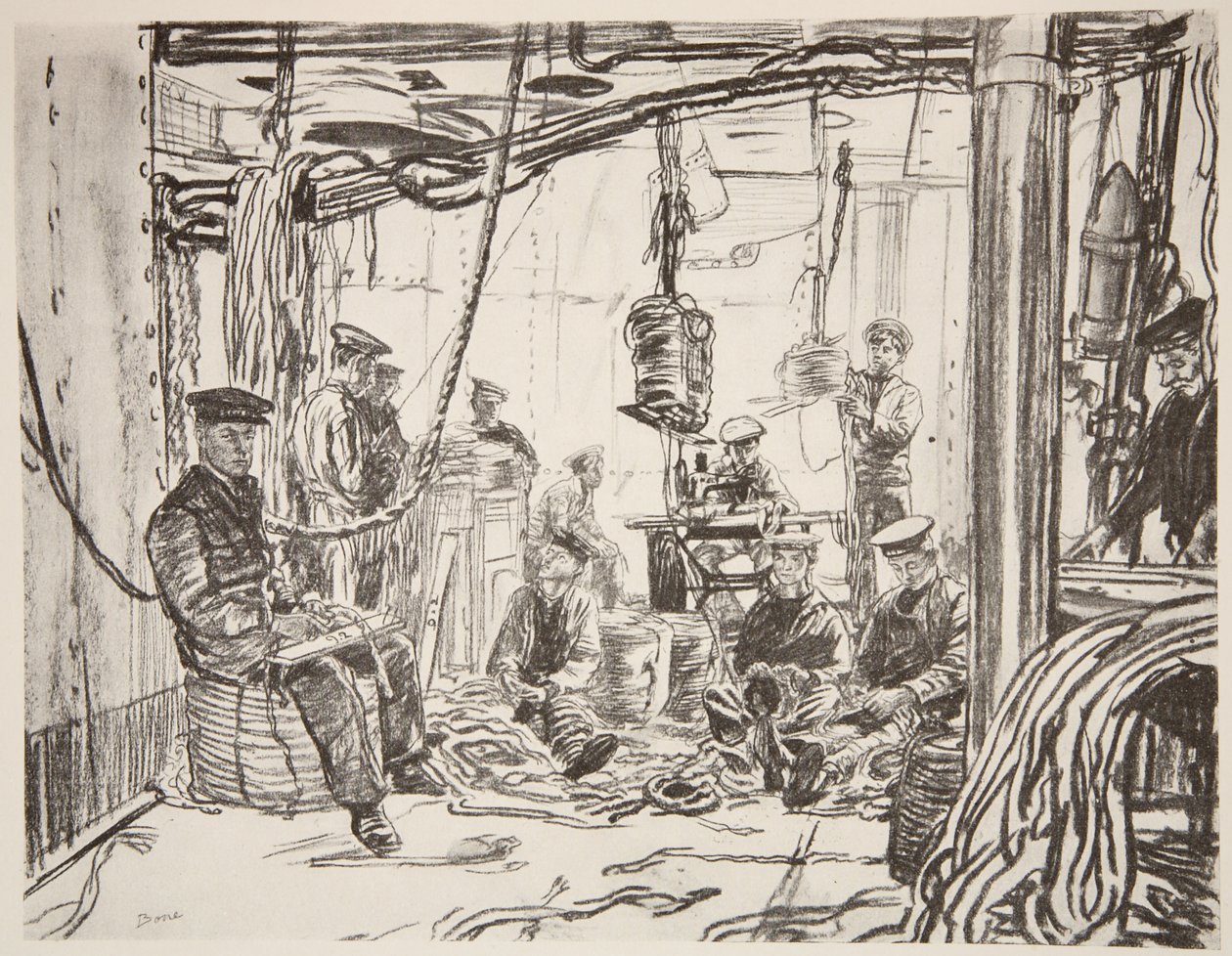 Sjømenn på et slagskip som lager ammunisjon for hæren, illustrasjon fra «The Western Front», utgitt av Country Life Ltd. av David Muirhead Bone