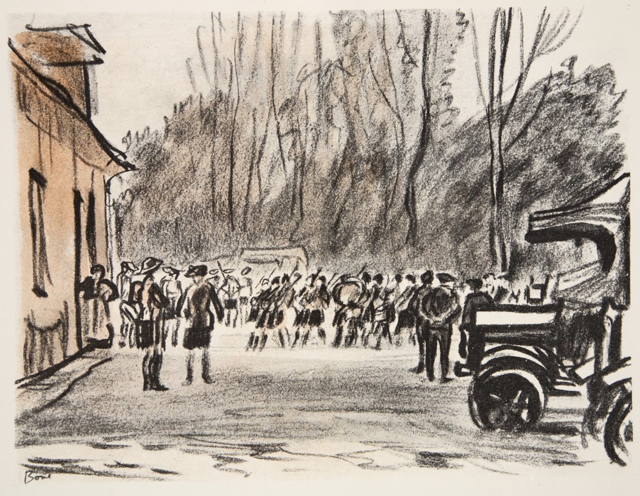 Skotske pipepipers, illustrasjon fra «The Western Front», utgitt av Country Life Ltd. av David Muirhead Bone
