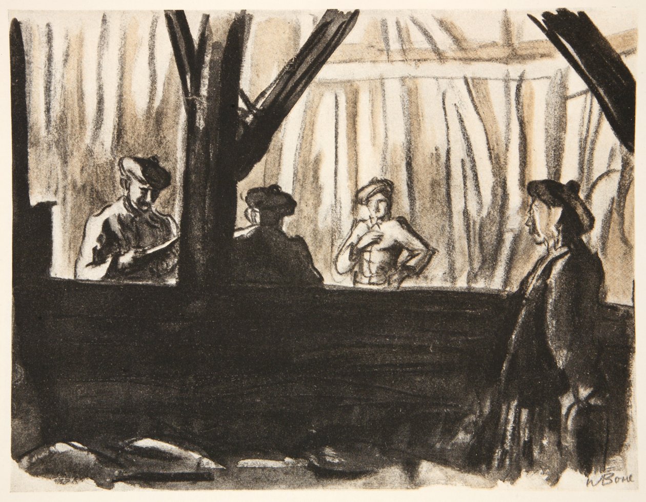 Skotske soldater i en fransk låve, illustrasjon fra «Vestfronten», utgitt av Country Life Ltd. av David Muirhead Bone