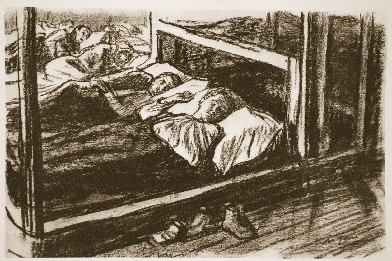 Sovende sårede fra Somme, illustrasjon fra «Vestfronten», utgitt av Country Life Ltd. av David Muirhead Bone