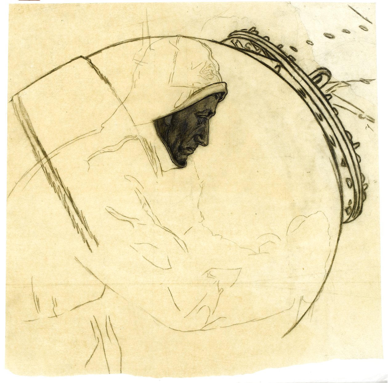 Studie for vinterminelegging utenfor Island, ca. 1942, kat. 5 (karbonblyant på kalkeringspapir) av David Muirhead Bone
