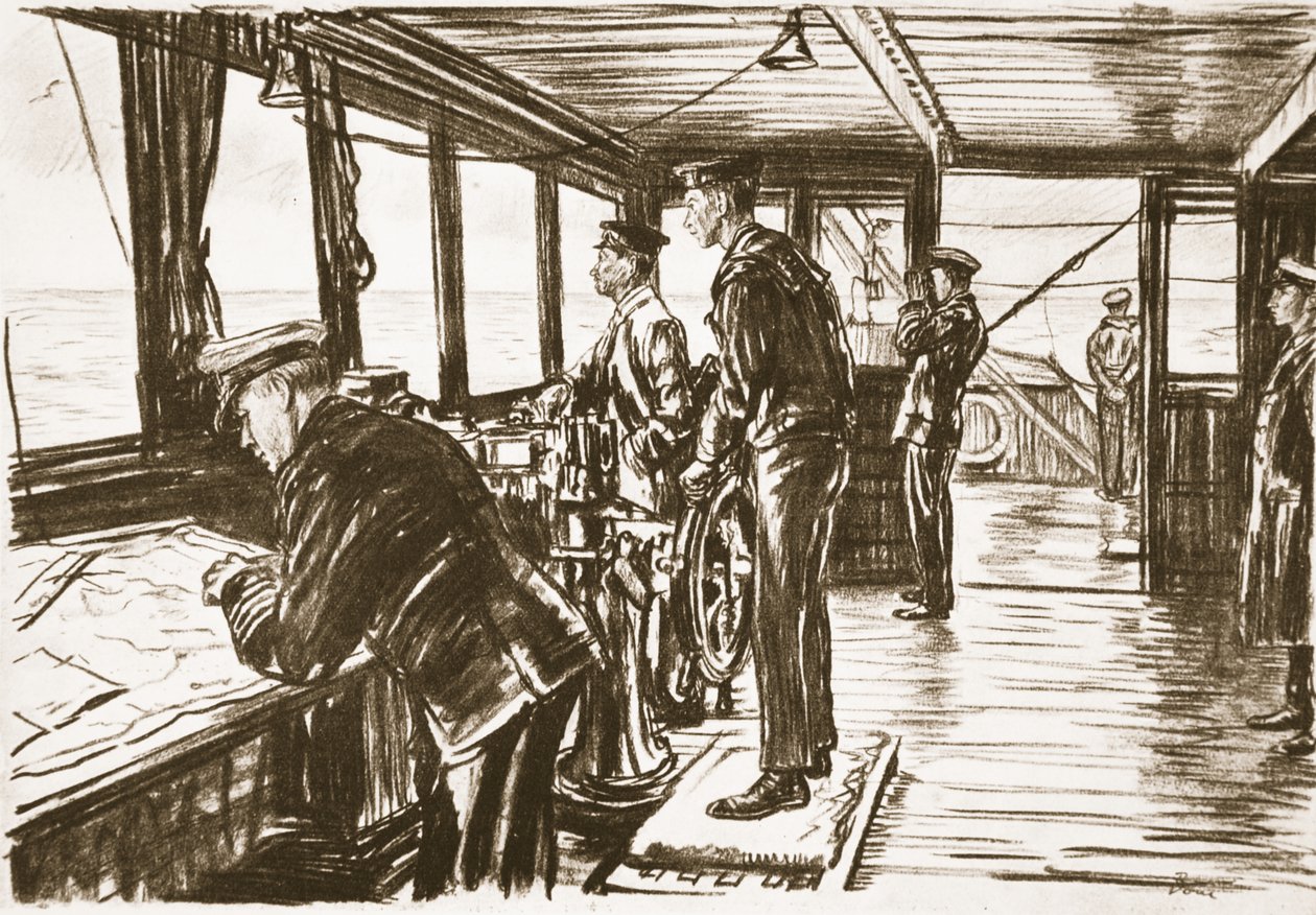 Broen til et handelsskip til sjøs, illustrasjon fra «Vestfronten», utgitt av Country Life Ltd. av David Muirhead Bone