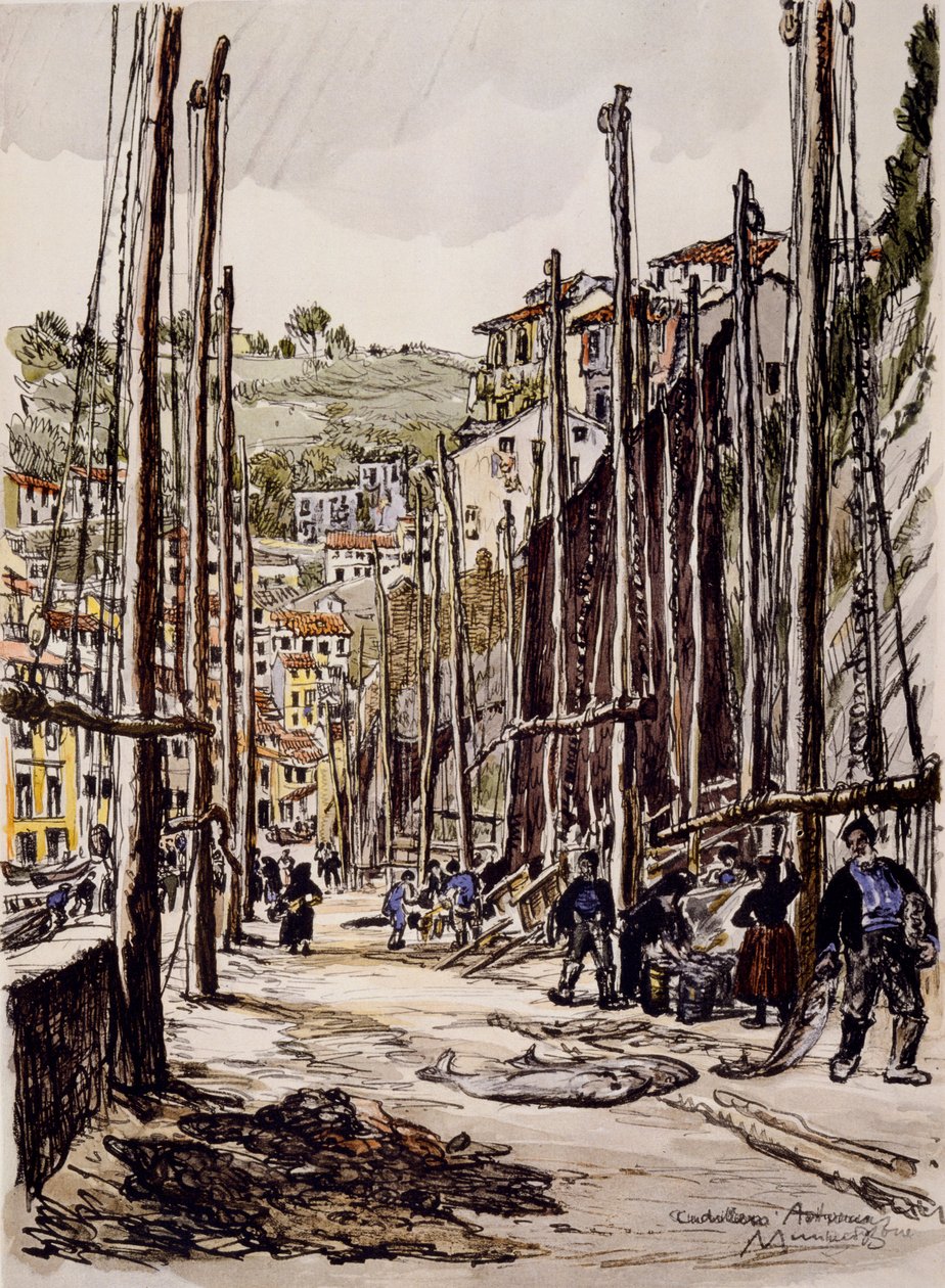 Tunfiskerne, Cudillero, Asturias kyst av David Muirhead Bone