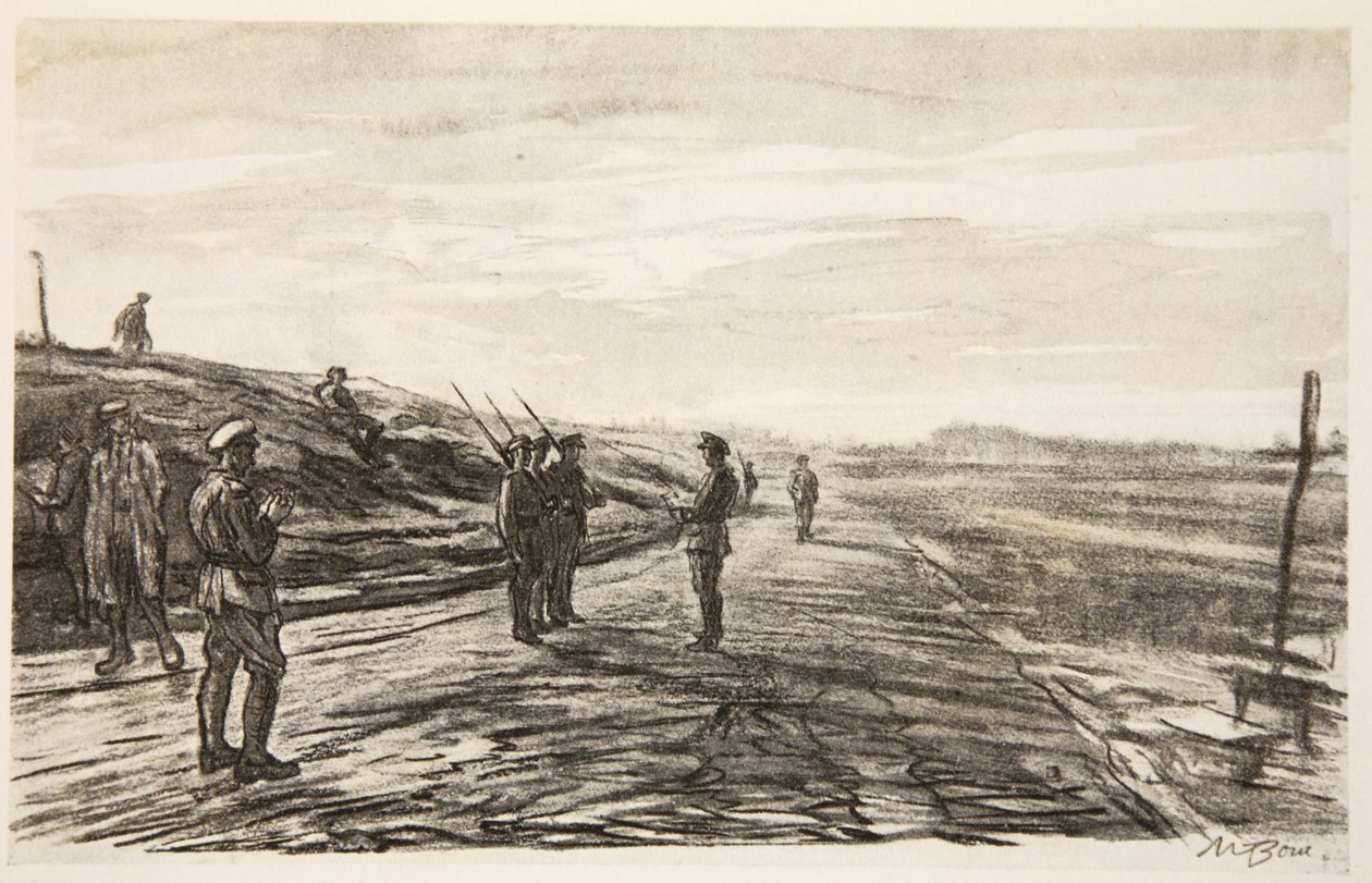 Nattstreiken, illustrasjon fra «Vestfronten», utgitt av Country Life Ltd. av David Muirhead Bone