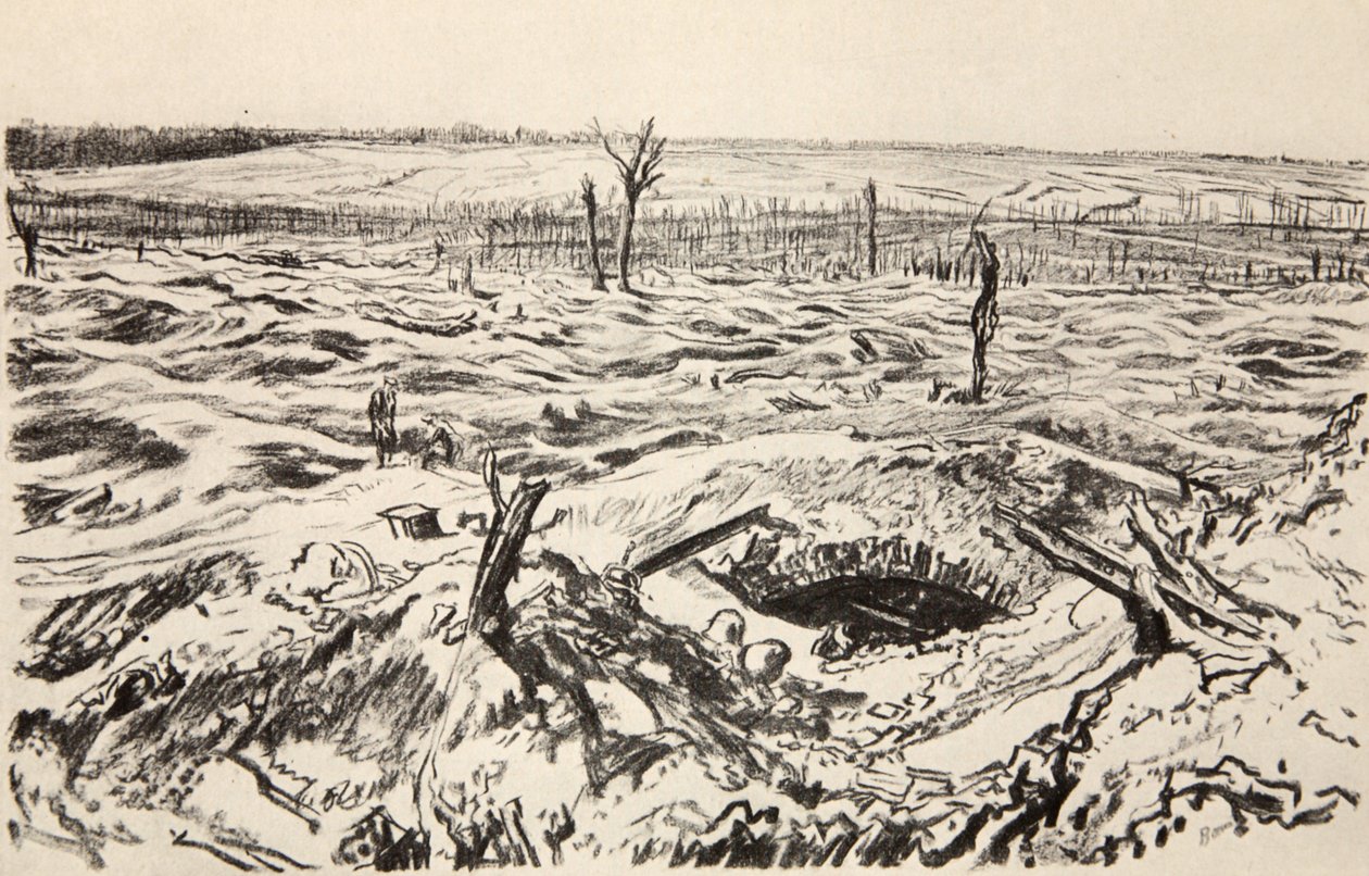 Thiepval, illustrasjon fra «Vestfronten», utgitt av Country Life Ltd. av David Muirhead Bone