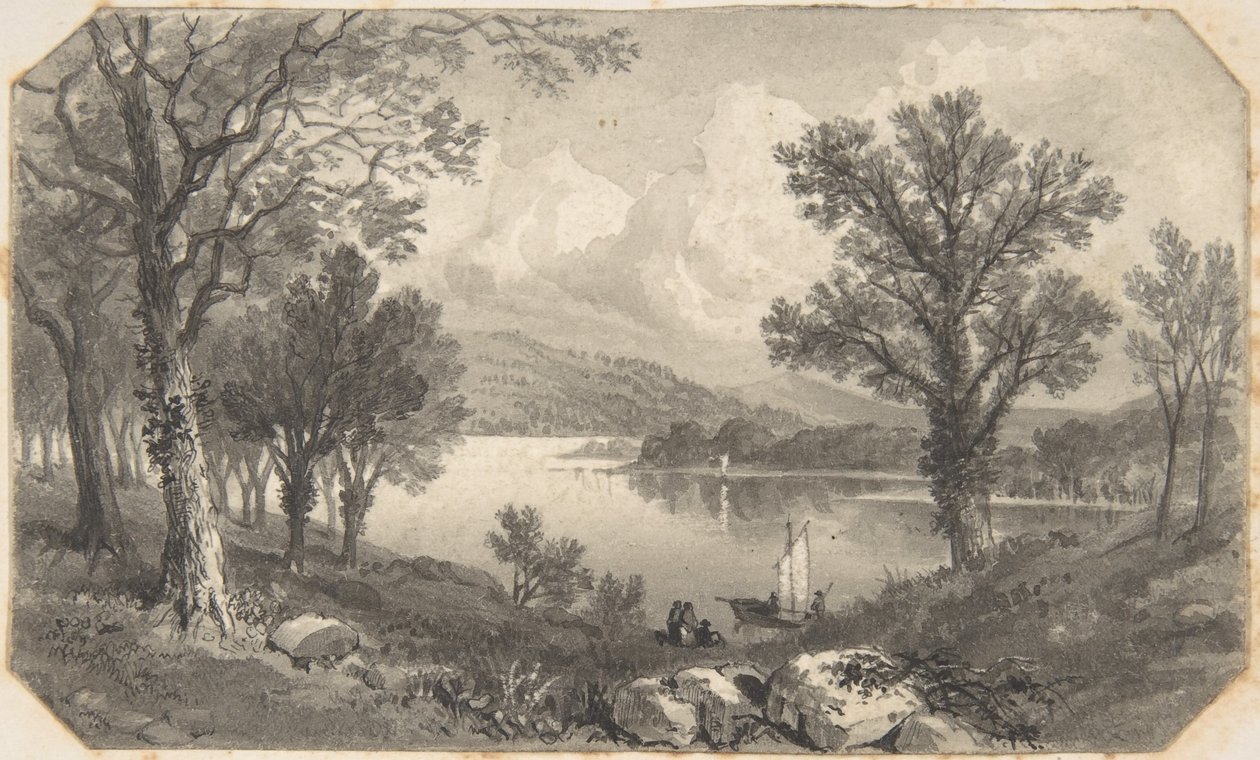 Utsikt over en innsjø eller elv med en seilbåt av David Octavius Hill