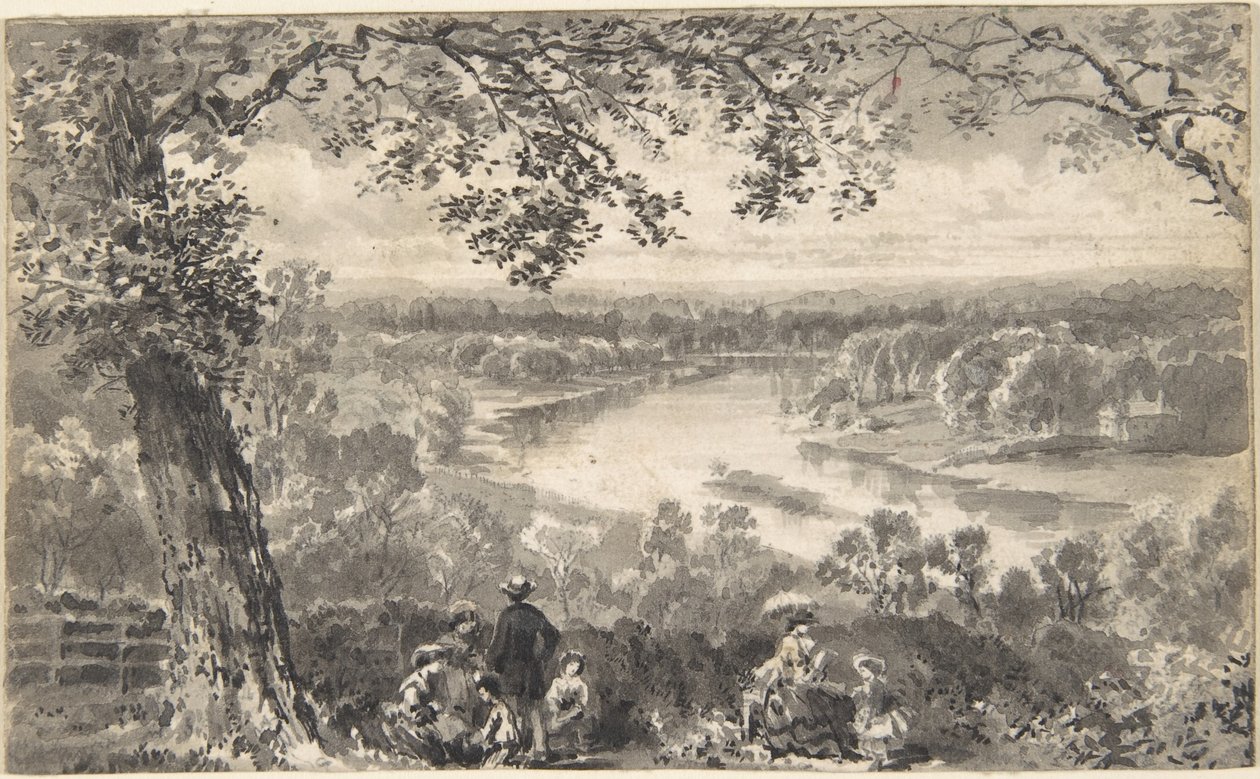 Utsikt over Themsen med figurer i forgrunnen av David Octavius Hill