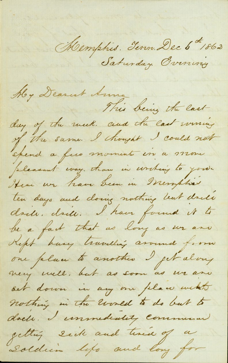 Brev fra DR Greer, Memphis, Tn., Til Anna McKinney, 6. desember 1862 av David Perkins Grier