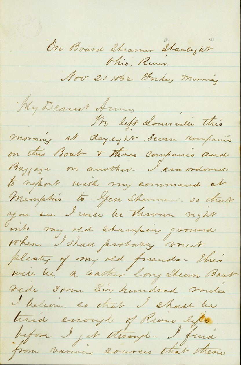 Brev fra DP Grier, om bord på Steamer Starlight, Ohio River, til Anna McKinney, 21. november 1862 av David Perkins Grier