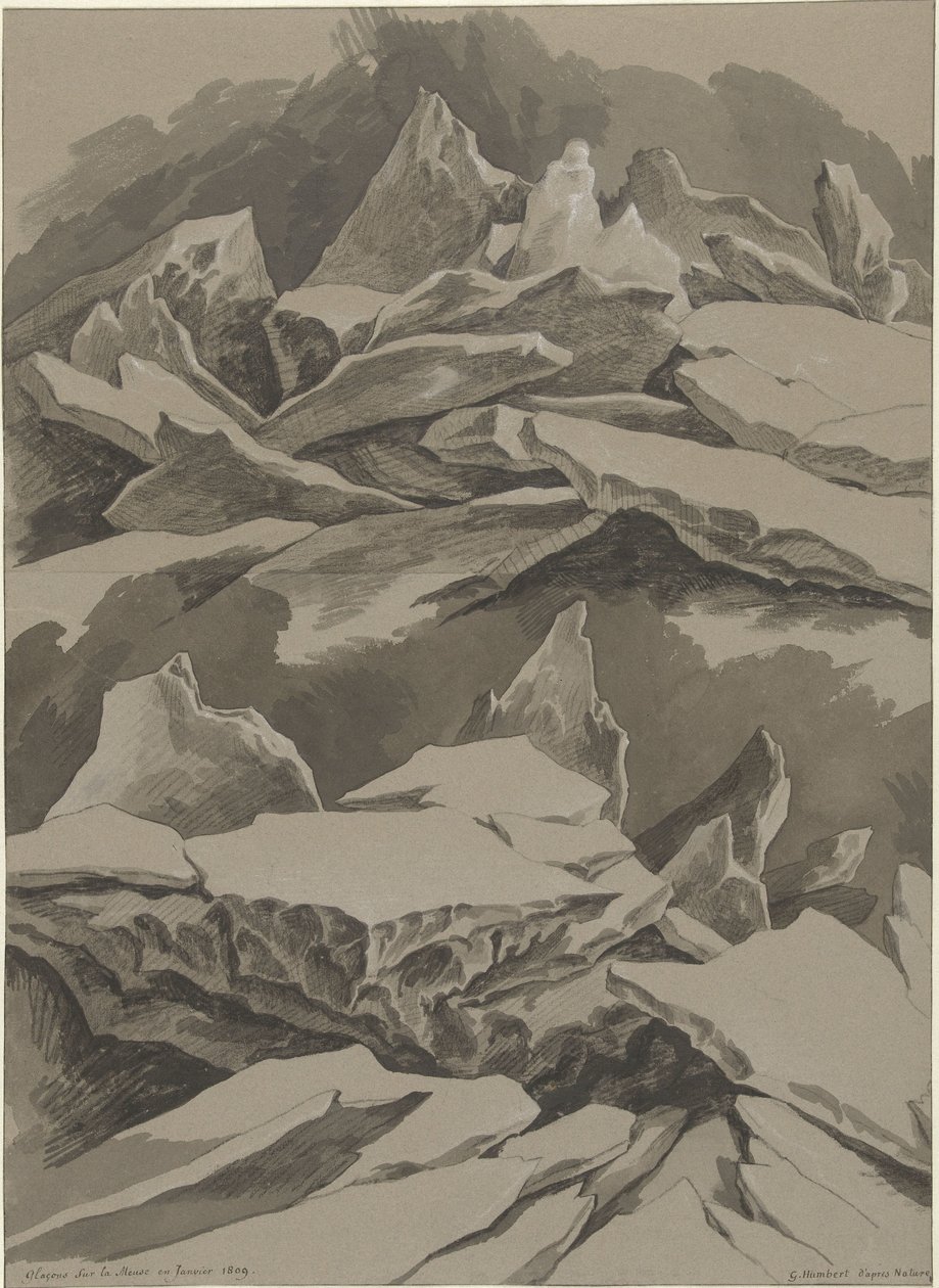 Isflak på Maas, januar 1809 Glaçons sur la Meuse en Janvier 1809 (tittel på objekt) av David Pièrre Giottino Humbert de Superville (signed by artist)
