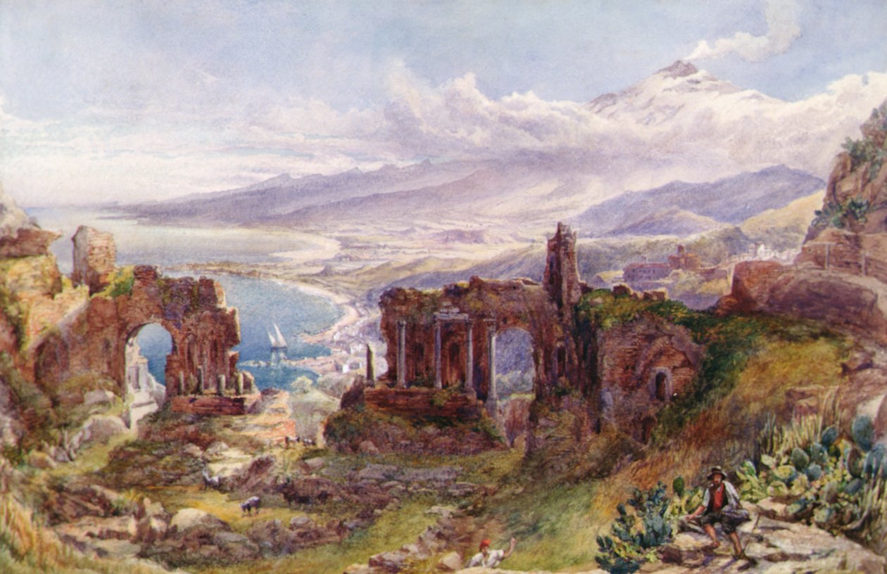 En utsikt over Taormina og Etna, Sicilia (akvarell på papir) av David Powell