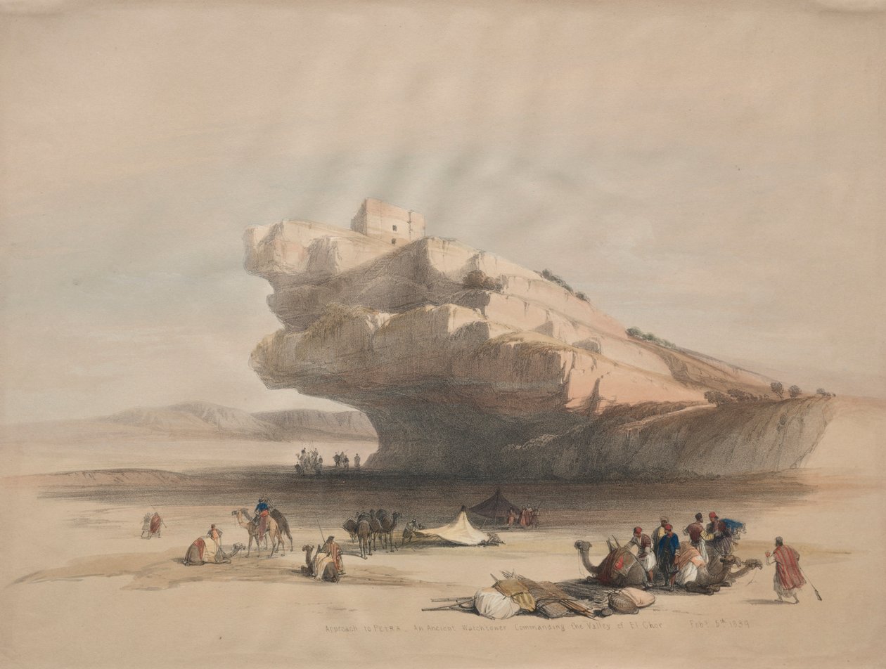 Tilnærming til Petra, et gammelt vakttårn som kommanderer dalen El Chor, 1839. av David Roberts