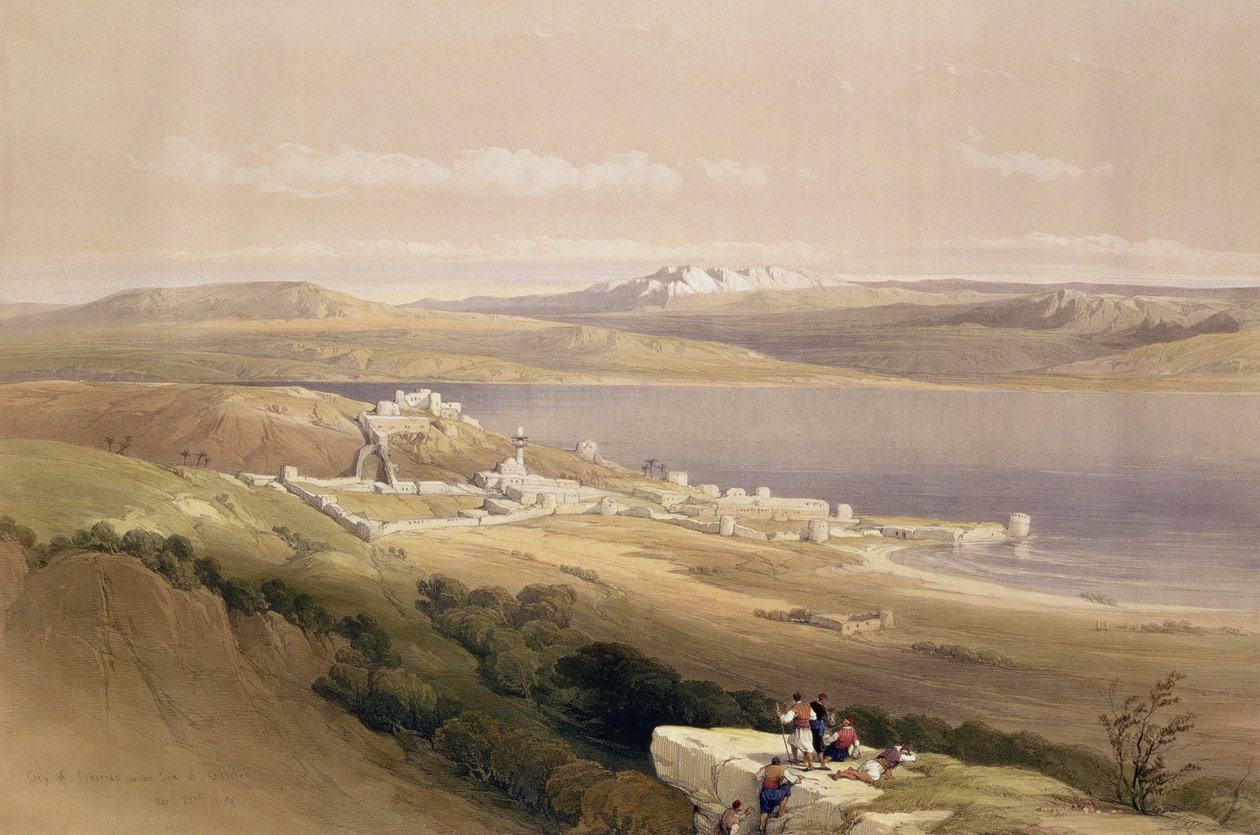 Byen Tiberias ved Genesaretsjøen, 22. april 1839, plate 38 fra bind I av 'Det hellige land', gravert av puben Louis Haghe (1806-85). 1842 av David Roberts