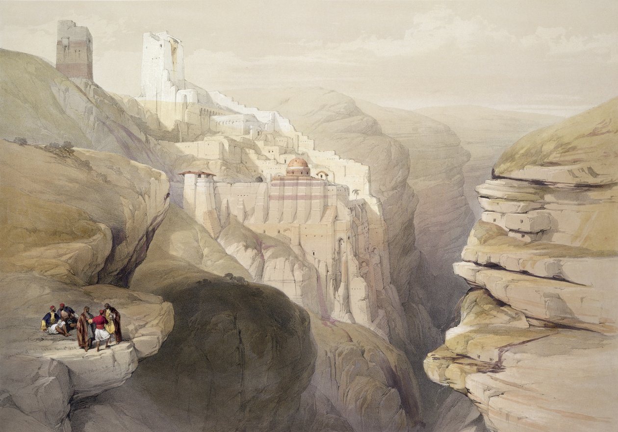 Klosteret St. Saba, 4. april 1839, plate 51 fra bind II av 'Det hellige land', gravert av puben Louis Haghe (1806-85). 1843 av David Roberts