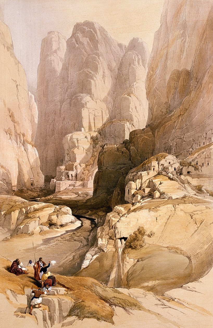 Inngang til Petra, 10. mars 1839, plate 98 fra bind III av 'The Holy Land', gravert av Louis Haghe (1806-85) pub. 1849 av David Roberts