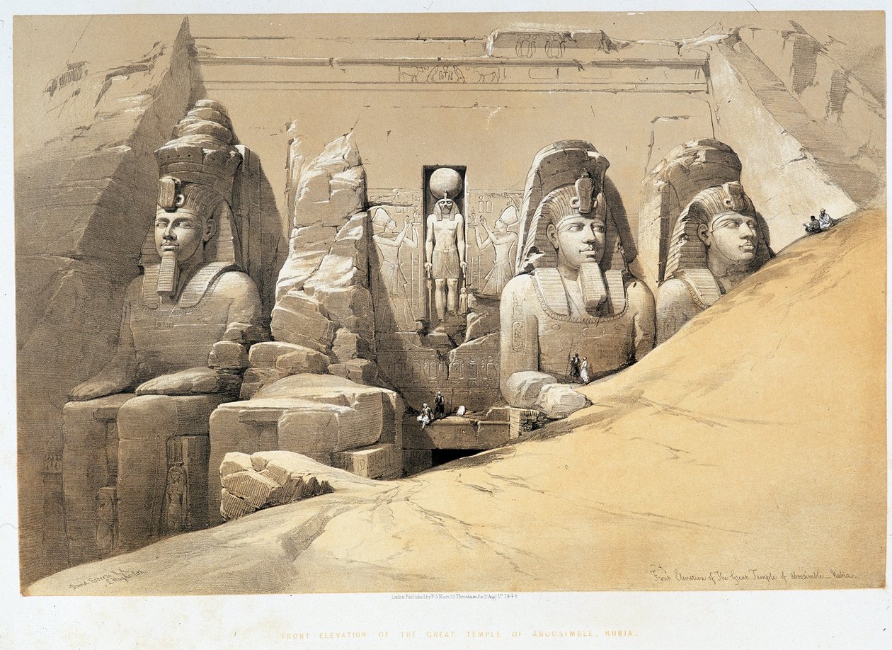 Forside av det store tempelet til Aboo Simbel (Abu Simbel, Abu eller Abu Simbel), Nubia (Nubia) i "" Det hellige land", London 1849 av David Roberts