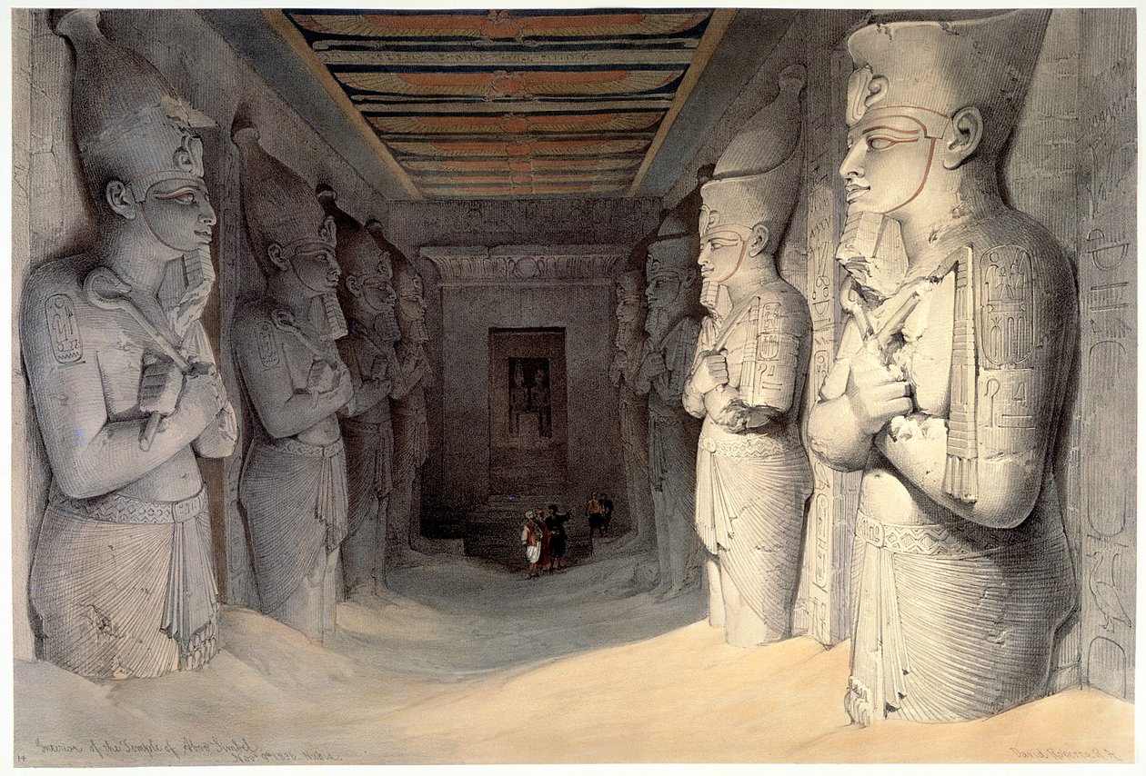 Gigantiske kalksteinsstatuer av Ramses II, Ramses tempel, Abu Simbel, Egypt, 1836 av David Roberts