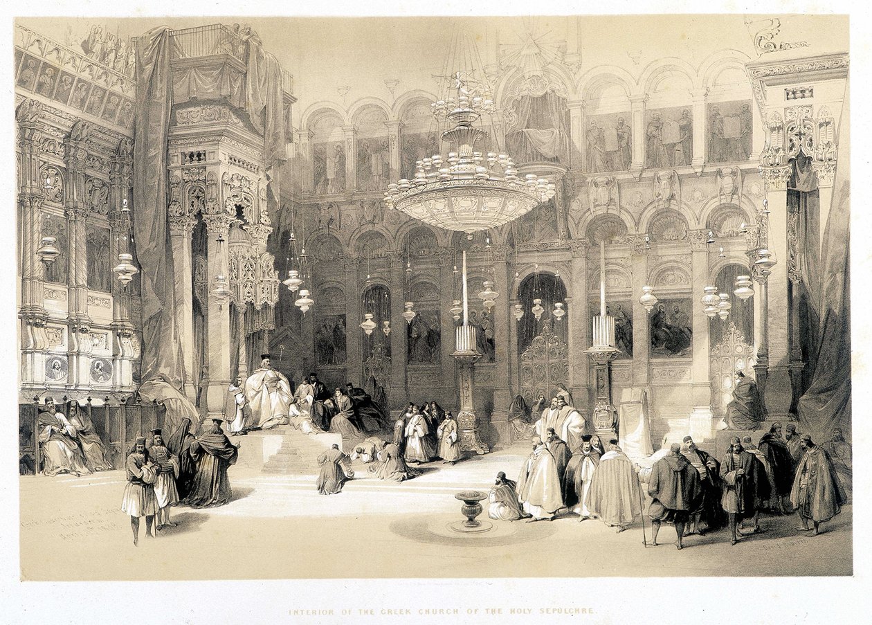 Interiør av Creek Church of the Holy Sepulchre, tegning laget 11/04/1839 i "The Holy Land"", London 1849 av David Roberts