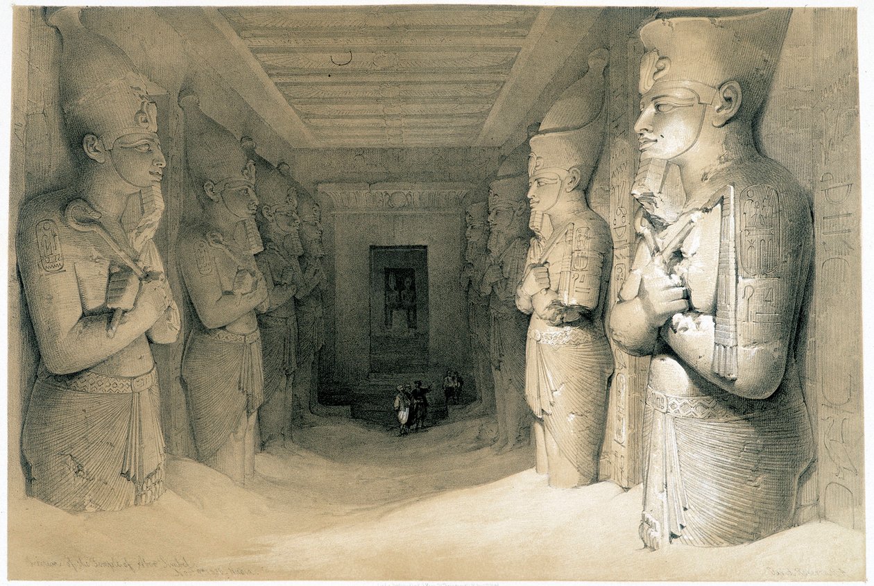 Interiør av Temple of Aboo Simbel (Abu eller Abu Simbel), tegning laget 09/11/1836 i "The Holy Land"", London 1849 av David Roberts