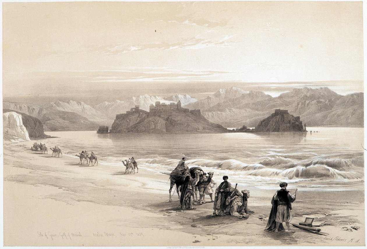 Island of Graia, Gulf of Akabah (Akaba eller Aqaba), tegning laget 27/02/1839 i “” The Holy Land””, London 1849 av David Roberts