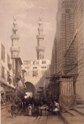 Minareter og den store inngangen til Metwalys-moskeen, Kairo, fra "Egypt and Nubia", Vol.3 (litho) av David Roberts