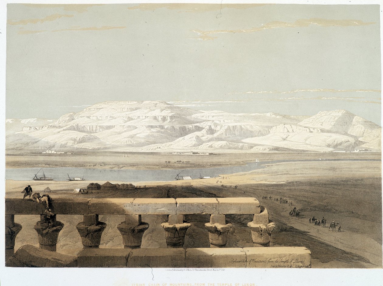 Fjell i Libya, sett fra tempelet til Luxor i Egypt. Tegningen laget 1838 i "" Det hellige land", London 1849 av David Roberts