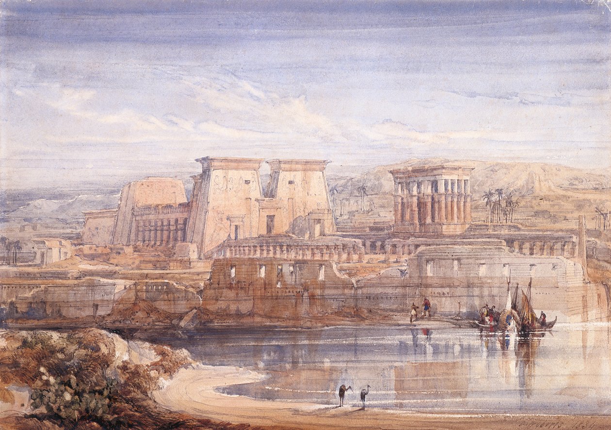 Philae: En utsikt over templene fra sør (akvarell og gouache på hvitt papir) av David Roberts