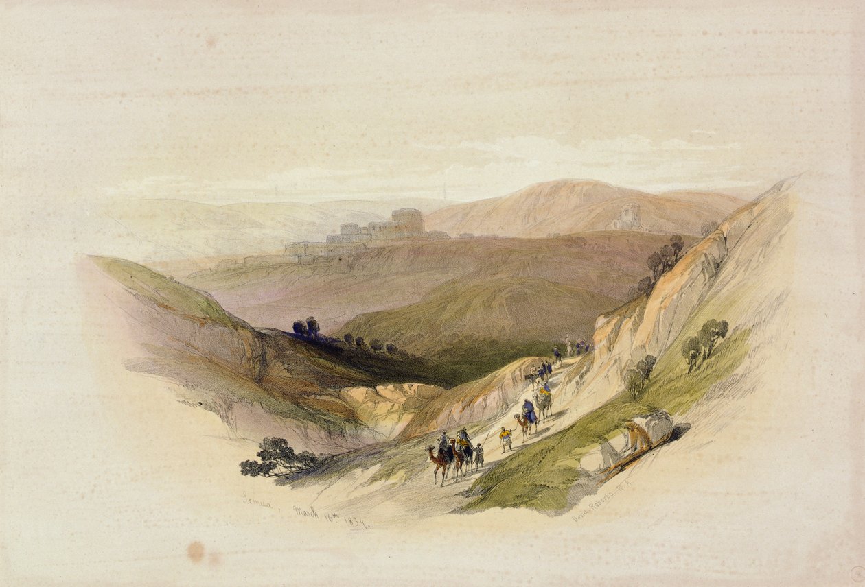 Ruinene av Semua, 16. mars 1839 fra bind 1 av 'Det hellige land'; gravert av Louis Haghe (1806-85) utgitt i London, 1842 av David Roberts