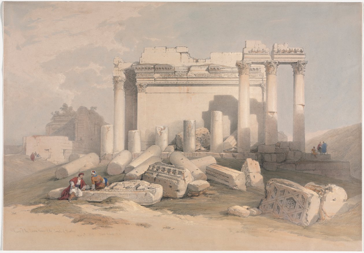 Ruinene av den østlige portikken til Baalbec-tempelet, 1839. av David Roberts