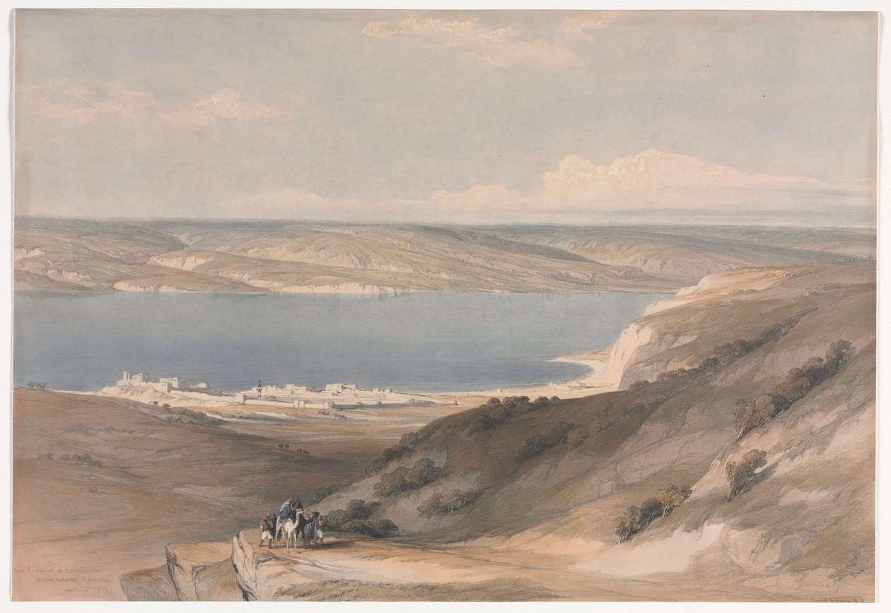 Genesaretsjøen ved Genesaret med utsikt mot Basan, 1839. av David Roberts
