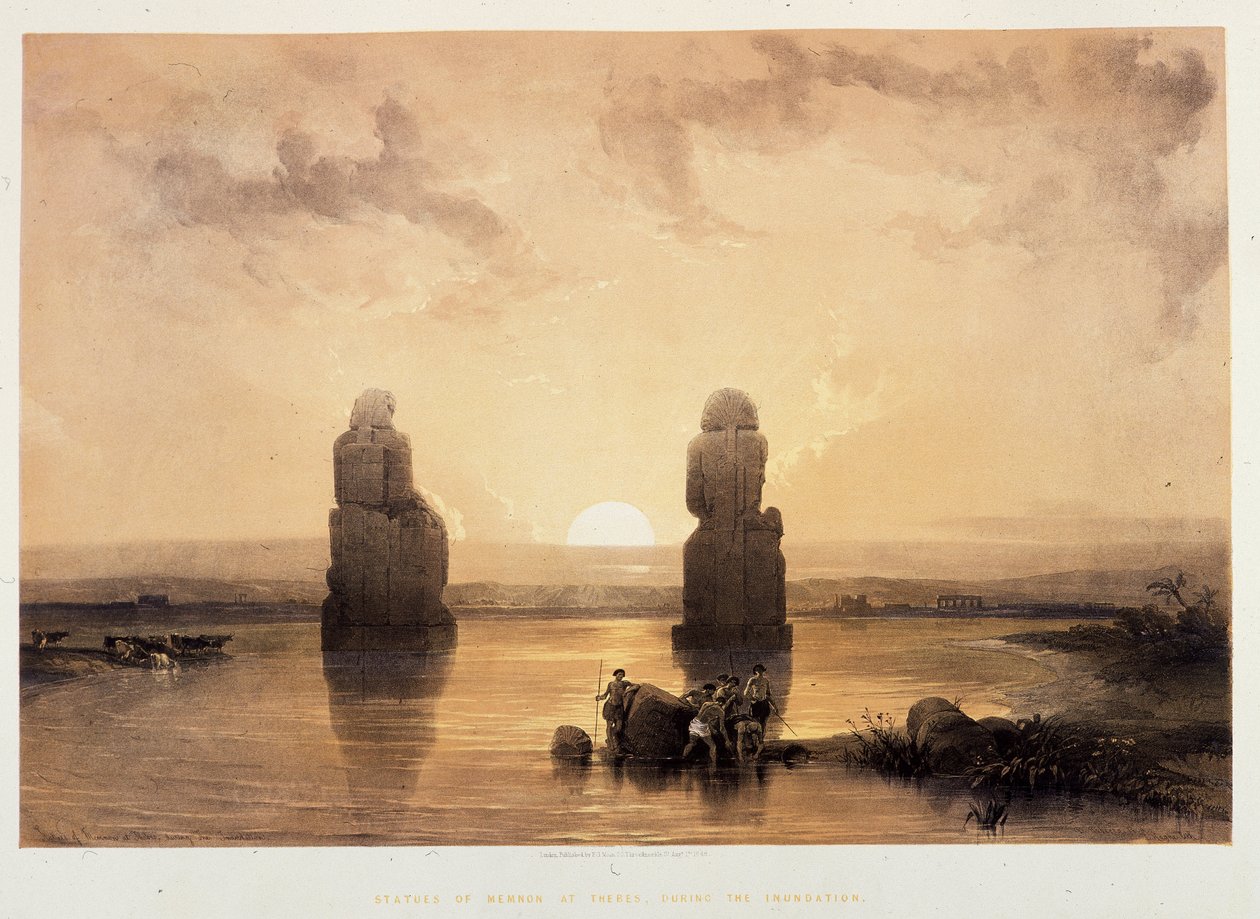 Statuer av Memnon (Kolossene av Memnon) ved Theben, under oversvømmelsen - i "Det hellige land", London 1849 av David Roberts