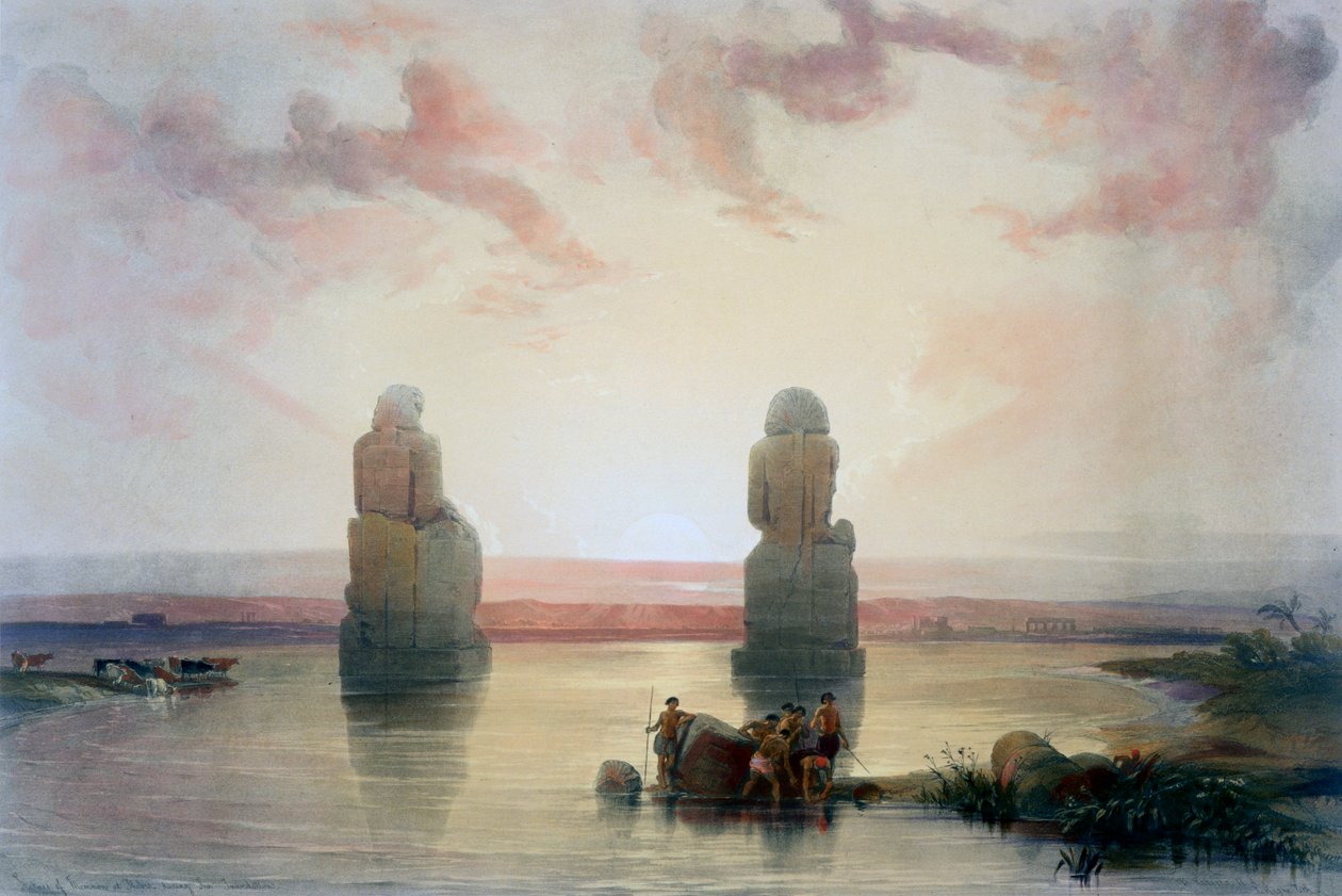 Kolossene av Memnon, ved Theben, under oversvømmelsen, 1800-tallet av David Roberts