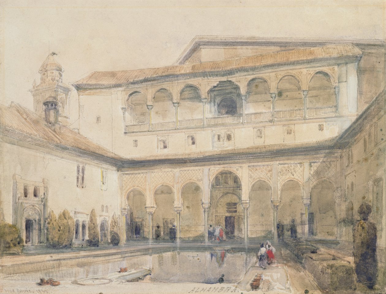 The Court of Myrtles, Alhambra (eller Hall of Myrtles, Alhambra) 1833 (blyant og akvarell på papir) av David Roberts