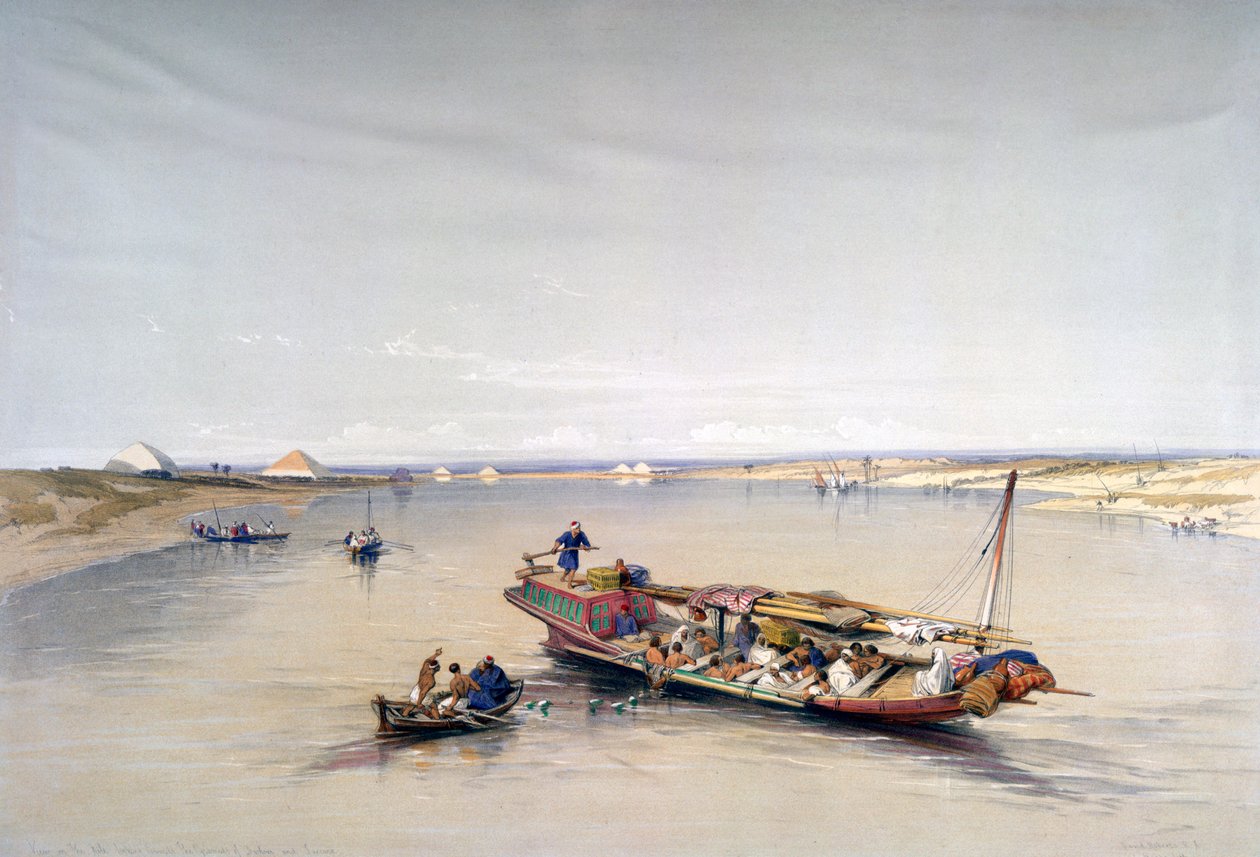Nilen ser mot pyramidene i Dahshur og Saqqarah, 1800-tallet av David Roberts