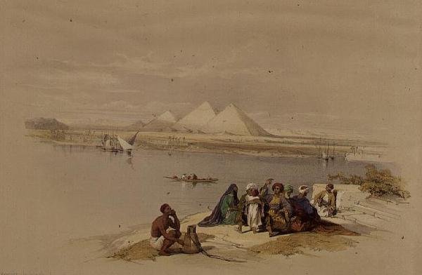 Pyramidene i Giza fra Nilen, fra "Egypt and Nubia", Vol.1 (litho) av David Roberts