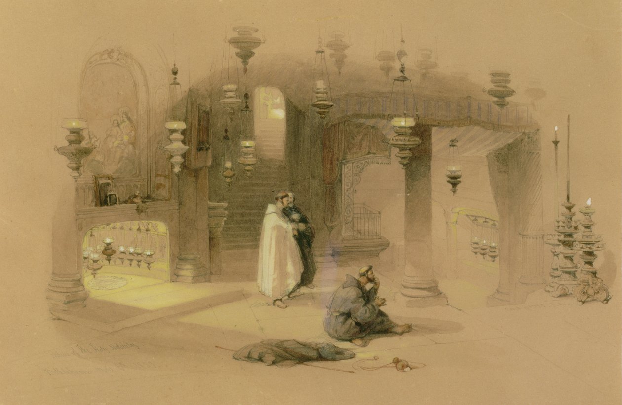 The Shrine of the Holy Nativity, Betlehem, 1839 (wc over blyant, forsterket med gouache og gummi arabicum på buff-papir) av David Roberts