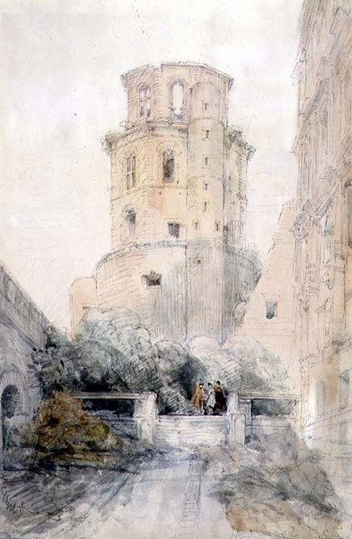 Tower at Heidelberg, ca. 1830 (blyant og akvarell på papir) av David Roberts