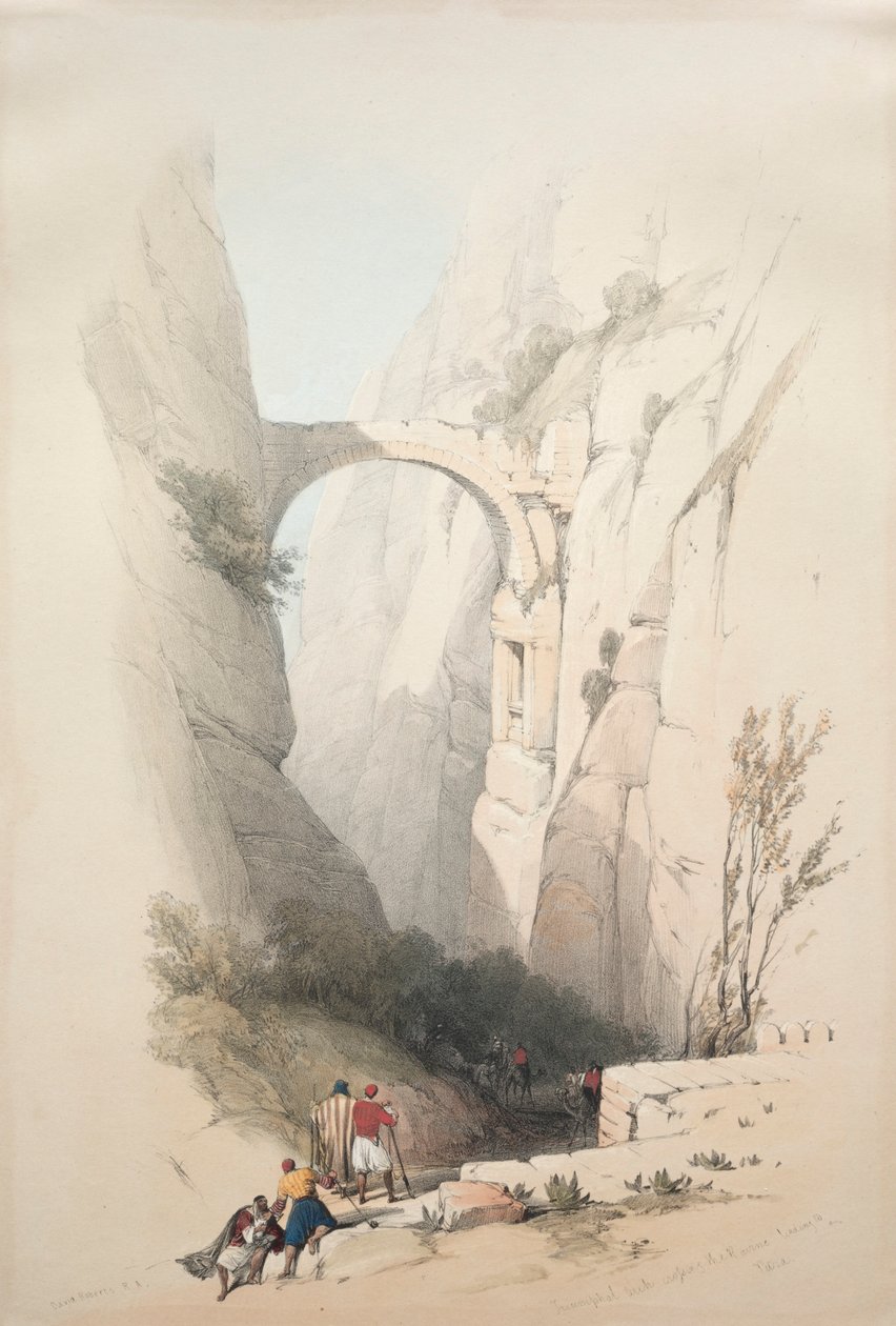 Triumfbue krysser ravinen som fører til Petra, 1839. av David Roberts