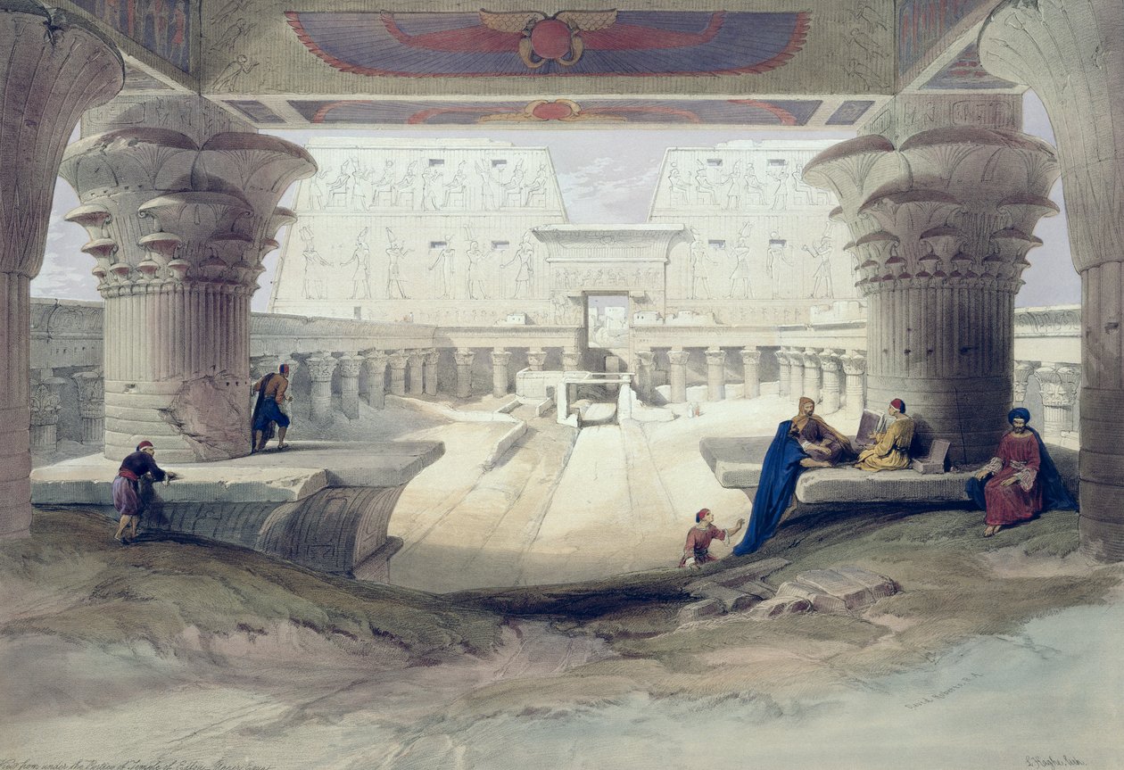 Utsikt fra under Portico of Temple of Edfou, Øvre Egypt, plate 32 fra bind I av Egypt og Nubia, gravert av Louis Haghe (1806-85) pub. 1846 av David Roberts