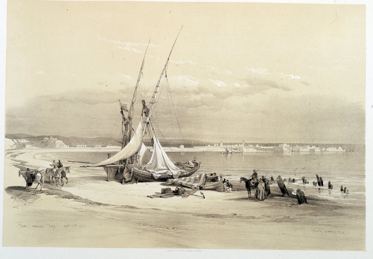 Utsikt over byen Tyre (Tyre) i Libanon, tegning laget 27.04.1839 i "" Det hellige land", London 1849 av David Roberts