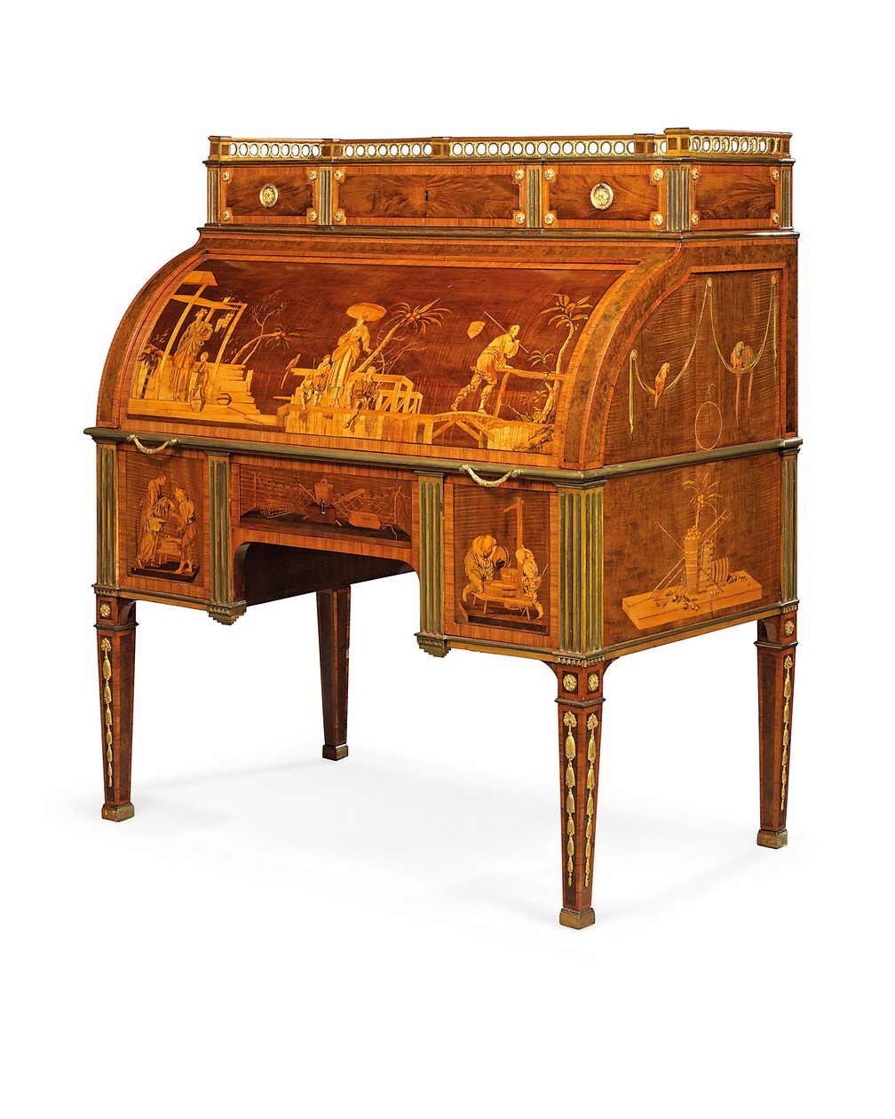 Mekanisk sylinderbyrå, Neuwied, ca. 1776-79 (ormolu-montert og messinginnlagt amboyna, tulipanved, beiset platan og marquetry) av David Roentgen