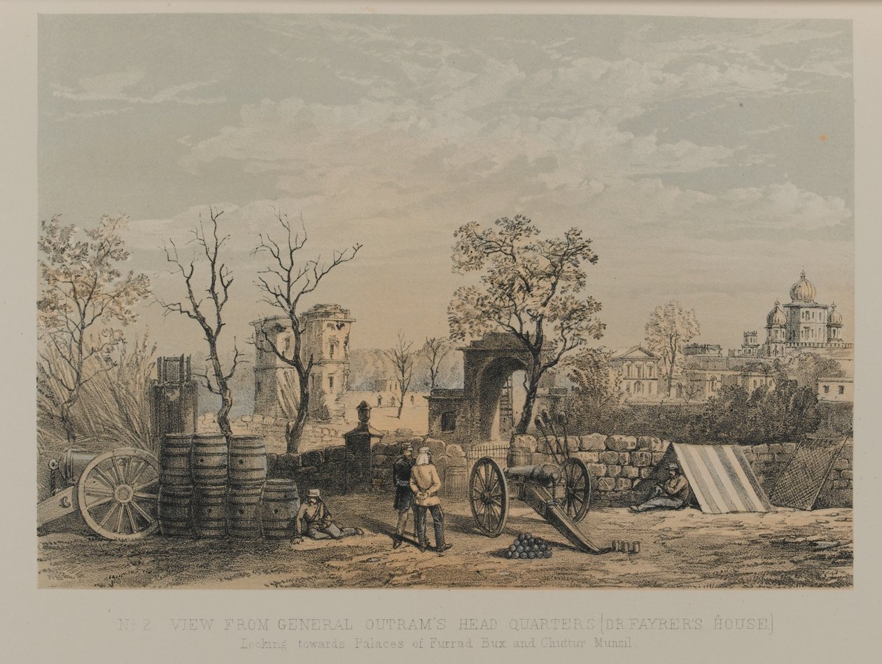 Utsikt fra General Outrams hovedkvarter [Dr Fayrers hus]. Ser mot palassene til Furrad Bux og Chuttur Munzil av David Scott Lieutenant Colonel (after) Dodgson