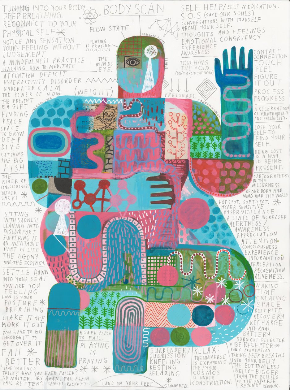 Body Scan 4, 2023 (akryl og blyant på papir) av David Shillinglaw