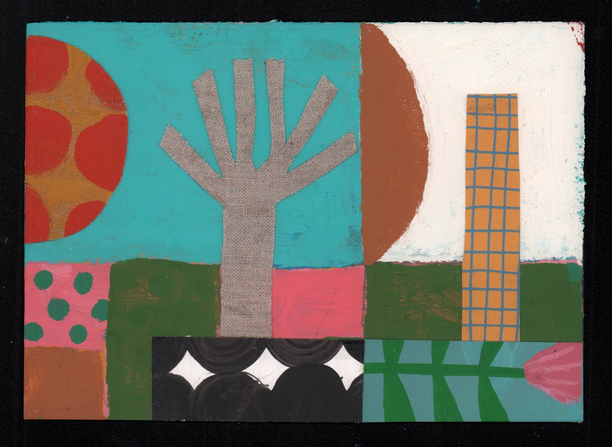Fruit Tree Sundowner, 2023 (maling og collage) av David Shillinglaw
