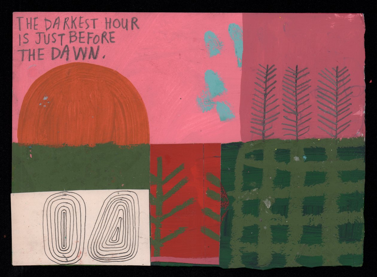 The Darkest Hour Is Just Before The Dawn, 2023 (maling og collage) av David Shillinglaw