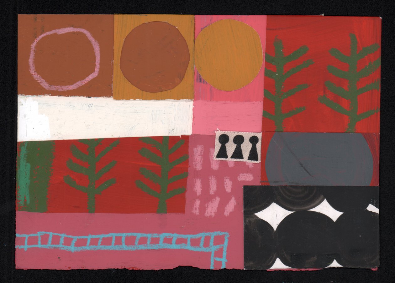 Three Suns, 2023 (maling og collage) av David Shillinglaw