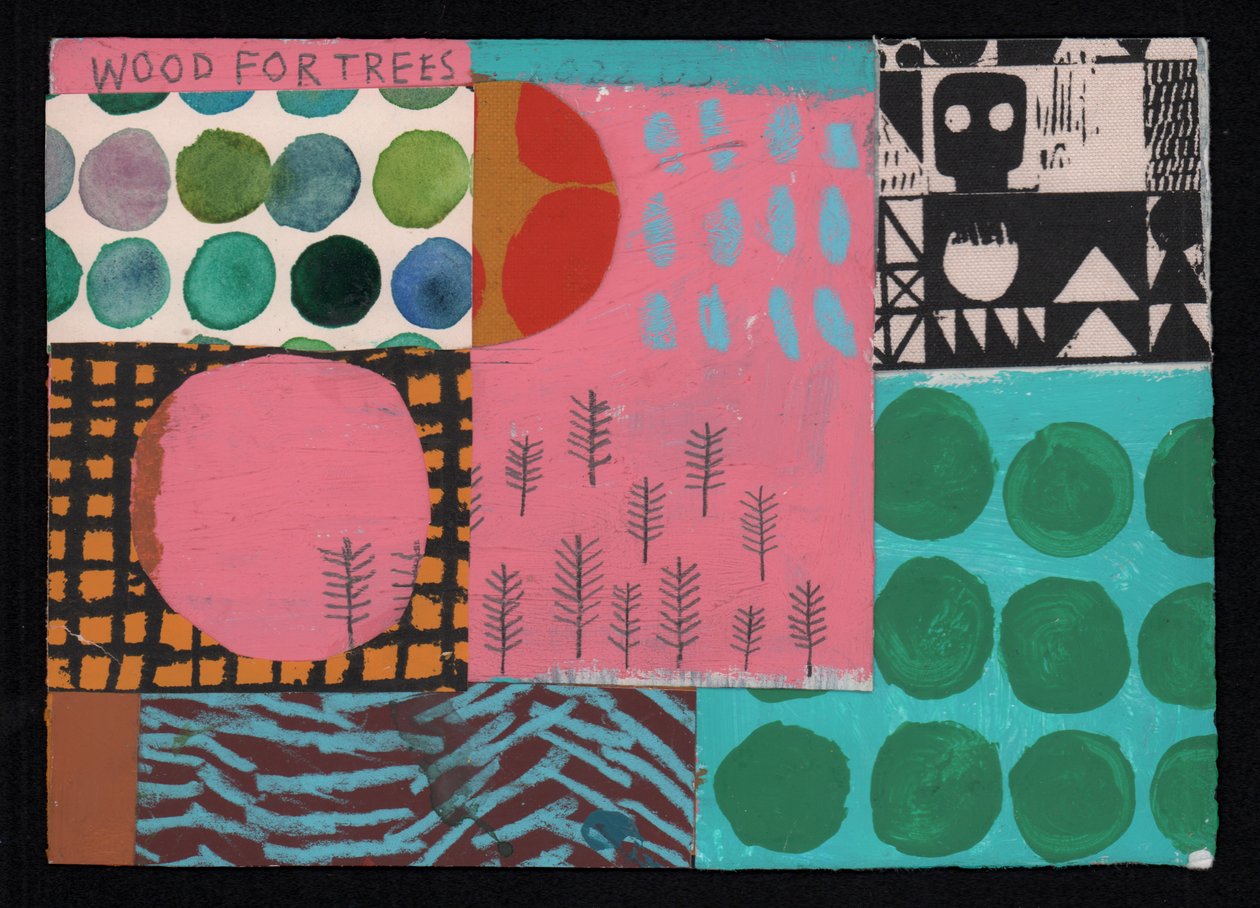 Wood For Trees, 2023 (maling og collage) av David Shillinglaw