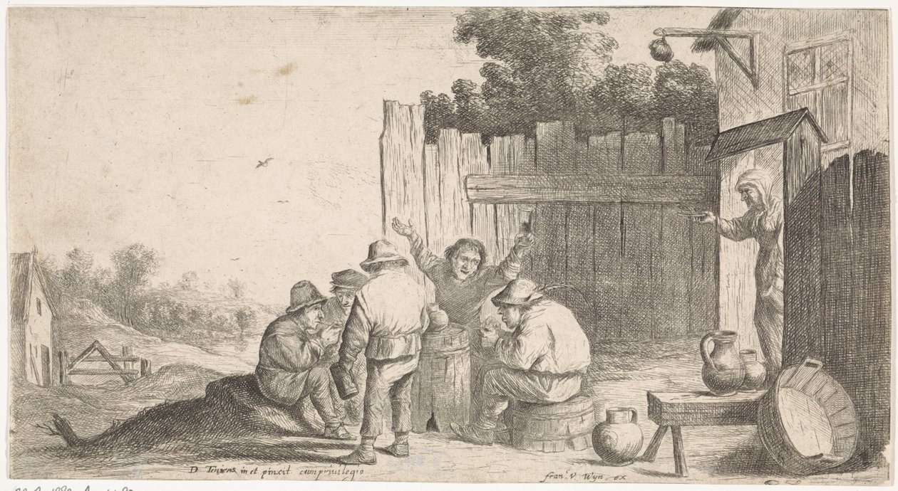 Fem bønder rundt tonnet Friluftssjangerscener (serietittel) av David Teniers (II) (attributed to workshop of)