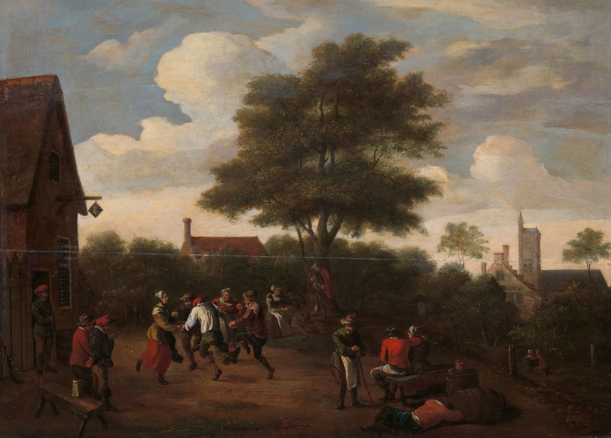 Bønder danser utenfor Crescent Tavern av David Teniers (II) (manner of)